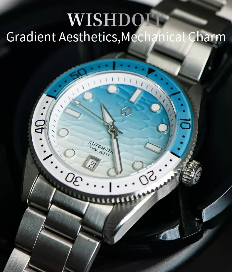 WISHDOIT Automatische Taucheruhr für Herren mit ozeanblauem und weißem Wellenschliff-Zifferblatt, 8215-Uhrwerk und Saphirglasablytyped