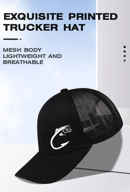 Trucker-Cap mit Bass-Fischhaken-Print, verstellbar, Unisex, Mesh, für Angelfans, Sonnenhut