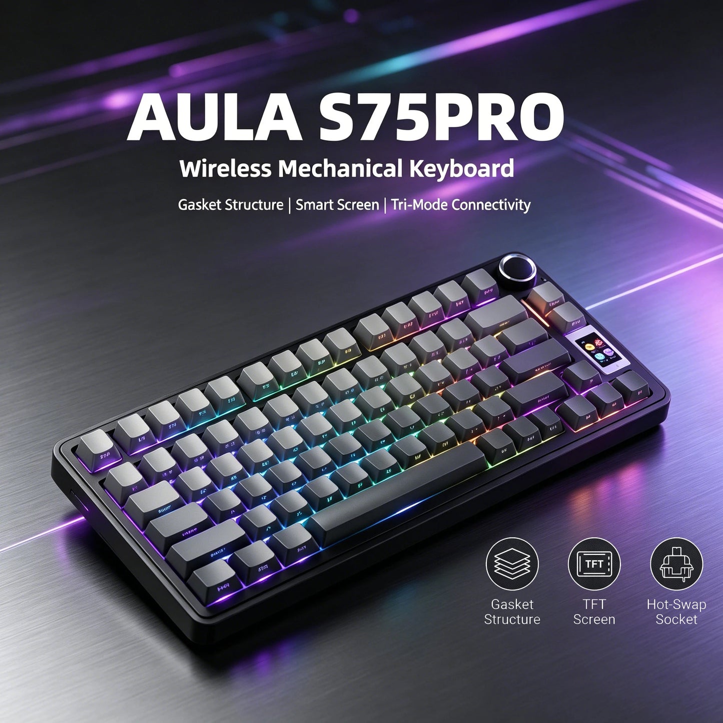 Tastiera meccanica AULA S75 PRO 75% layout personalizzato, retroilluminazione RGB, wireless Bluetooth, tastiera da gaming con schermo e manopola