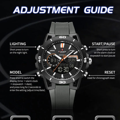 NAVIFORCE Men's Watch Dual Display 50M Waterproof Countdown Chronograph Alarm Clock Male Fashionable Sports Wristwatch NF7135