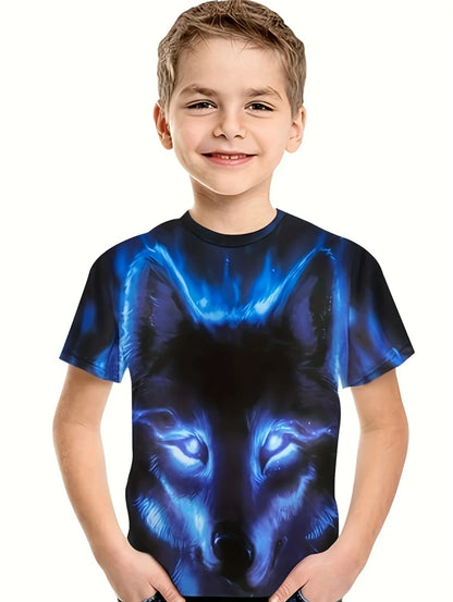 Children's T-Shirt Cool Wolf Pattern Boys' Short Sleeve Tee Summer New Round Neck Children's T-Shirt Fashion Children's Clothing