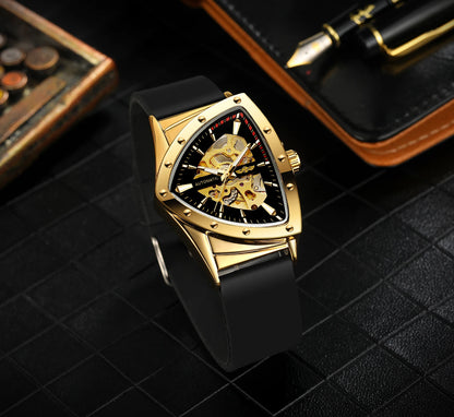 WINNER High Quality Watch for Men Triangle Steel Skeleton Mechanical Automatic Movement Clockwork Waterproof Rubber strap Wrist