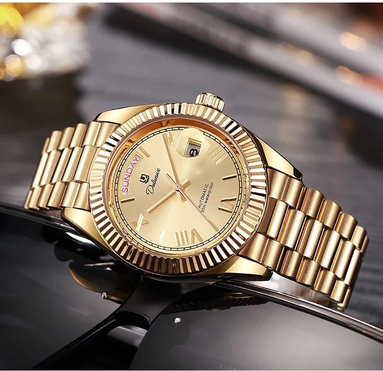 Top Brand Business Men's Watches Luxury Calendar Week Automatic Mechanical Watch for Man Waterproof Gold Stainless Steel