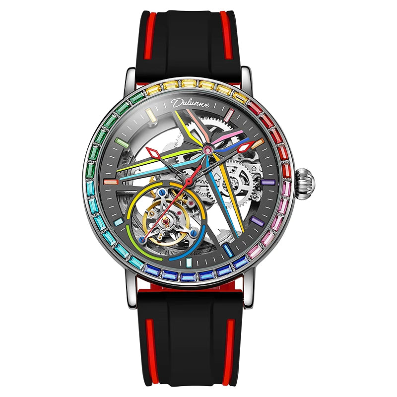 Reloj esqueleto para hombre, de estilo moderno, adornado con piedras preciosas de los colores del arcoíris y dotado de un tourbillon; reloj mecánico automático de lujo, hermético hasta 30 metros.