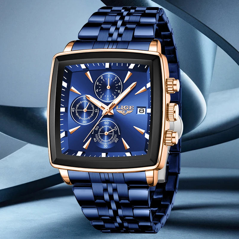 LIGE luxe herenhorloges, vierkant model, klassieke en trendy stijl, van roestvrij staal, waterdicht, sportief en casual, met quartz uurwerk.