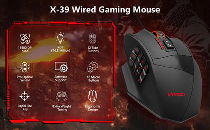 E-YOOSO X-39 програмируема геймърска мишка, кабелна RGB мишка с 18 бутона, 8 сменяеми тежести, 5 DPI нива, ергономичен захват за компютър