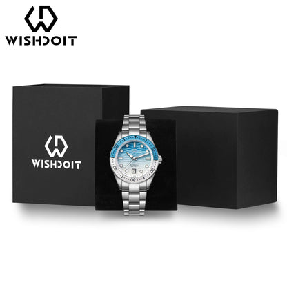 WISHDOIT Automatische Taucheruhr für Herren mit ozeanblauem und weißem Wellenschliff-Zifferblatt, 8215-Uhrwerk und Saphirglasablytyped