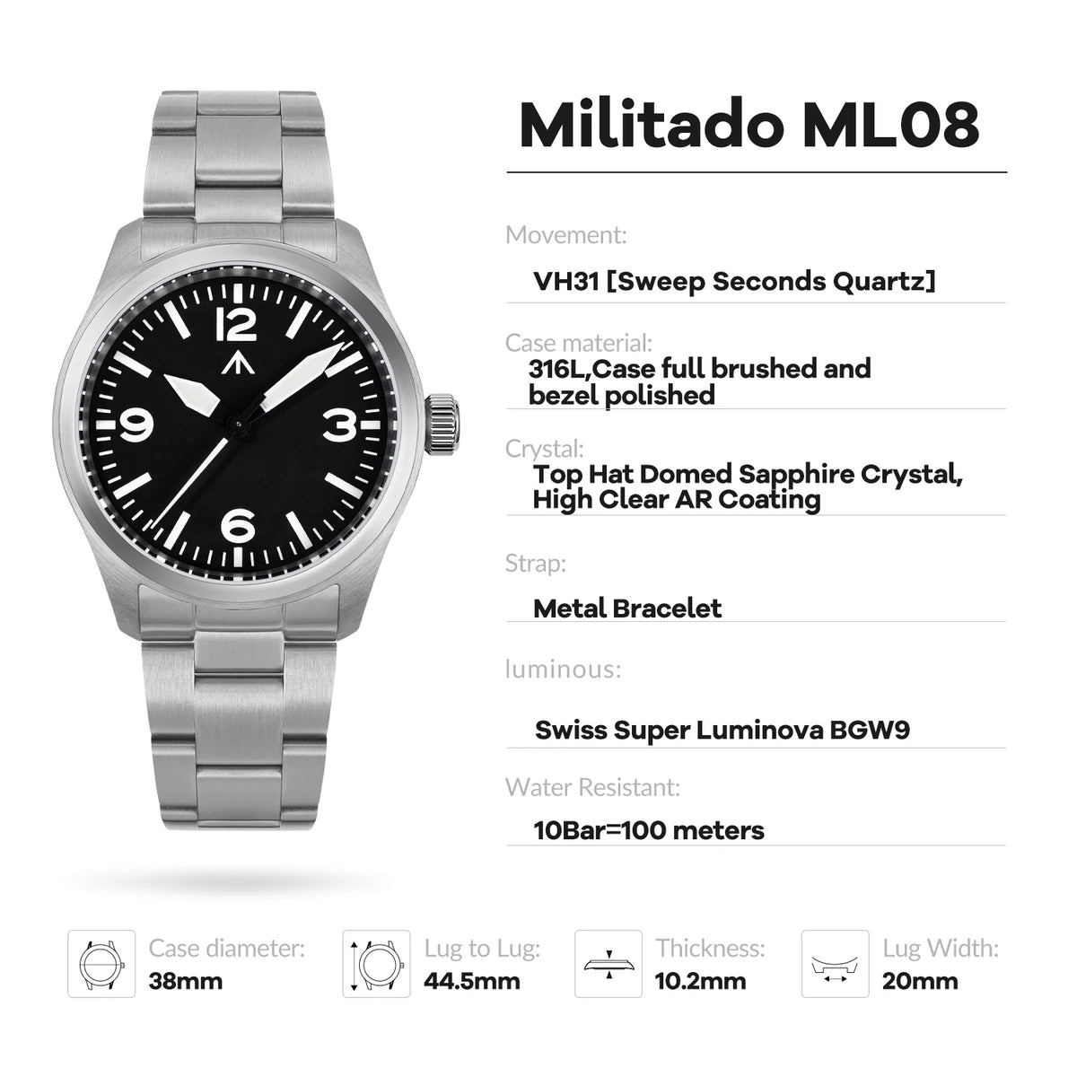 Militado ML08 V2 Vintage Quartz Watch Military VH31 Movement  Double Sapphire Crystal C3 BGW-9 Luminous Waterproof 38mm Watch