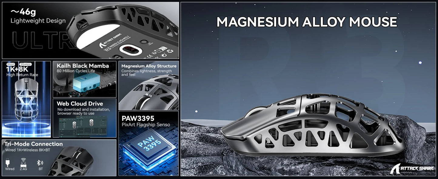 ATTACK SHARK R3 8KHz Magnesium Alloy Mouse, PixArt PAW3395 Sensor, up to 26000 DPI, 2.4G/BT/Wired, 46g superlight, for PC/Mac