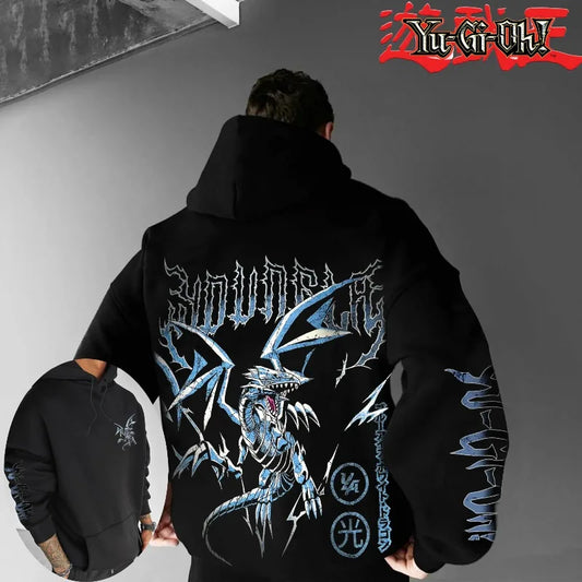 Klassisk anime Yu-Gi-Oh-karaktär Blue-Eyes White Dragon tryckt tjock och vid hoodie för män, höst/vinter, Y2K Halloween COS