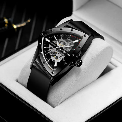 WINNER High Quality Watch for Men Triangle Steel Skeleton Mechanical Automatic Movement Clockwork Waterproof Rubber strap Wrist