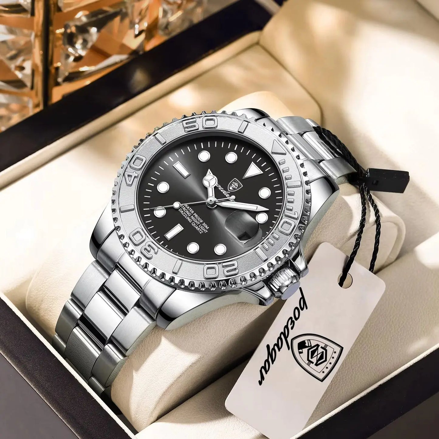POEDAGAR Luxury Men's Watch Stainless Steel Date Quartz Fashion Watches For Man Waterproof Luminous Business Male Watch+Box Gift