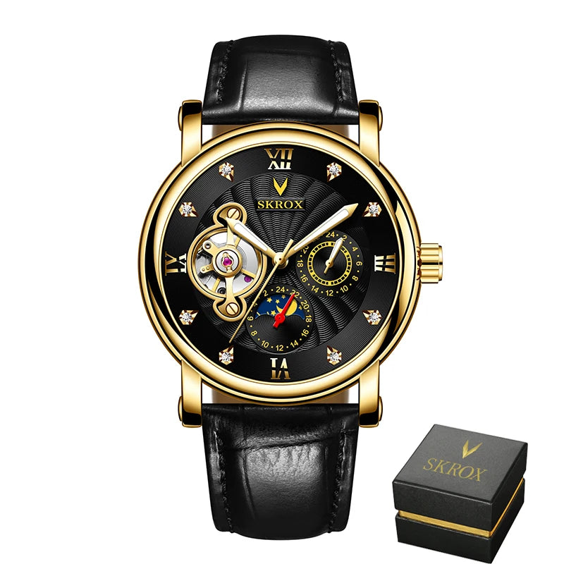 Luxusní pánské mechanické hodinky s automatickým nátahem od renomované značky, vybavené tourbillonem, ukazatelem fáze měsíce a diamanty – elegantní náramkové hodinky.