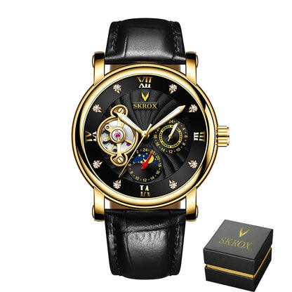 Luxusní pánské mechanické hodinky s automatickým nátahem od renomované značky, vybavené tourbillonem, ukazatelem fáze měsíce a diamanty – elegantní náramkové hodinky.