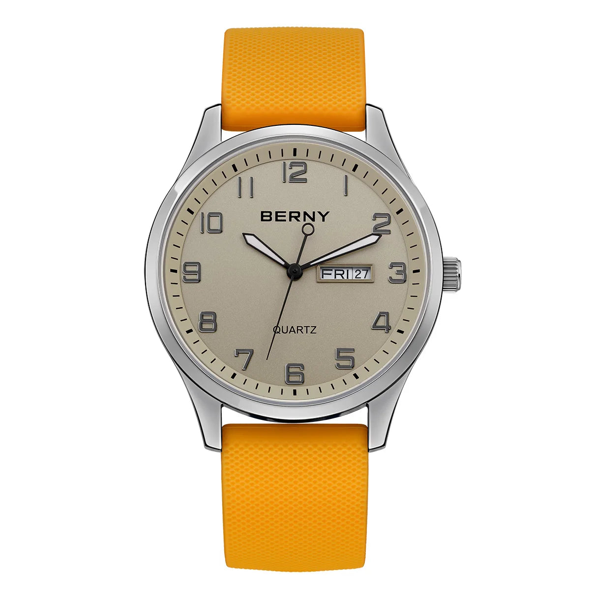 BERNY Men's Watches Luminous Calendar Week Quartz Men Watch Casual Soft Silicone Strap Easy Read Big Dial Sports Wristwatch