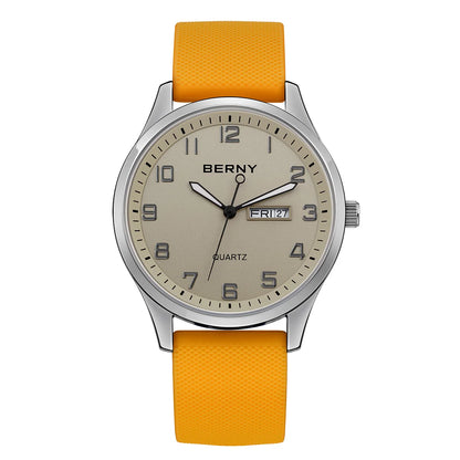 BERNY Men's Watches Luminous Calendar Week Quartz Men Watch Casual Soft Silicone Strap Easy Read Big Dial Sports Wristwatch