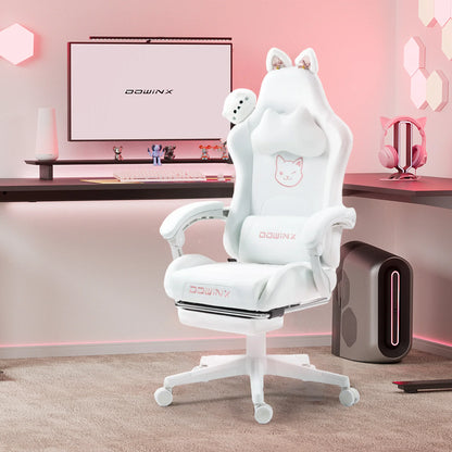 Сладък гейминг стол с котешки ушички и поставка за крака, розов Kawaii компютърен стол, ергономична геймърска седалка с висок гръб и лумбална опора с котешка лапичка