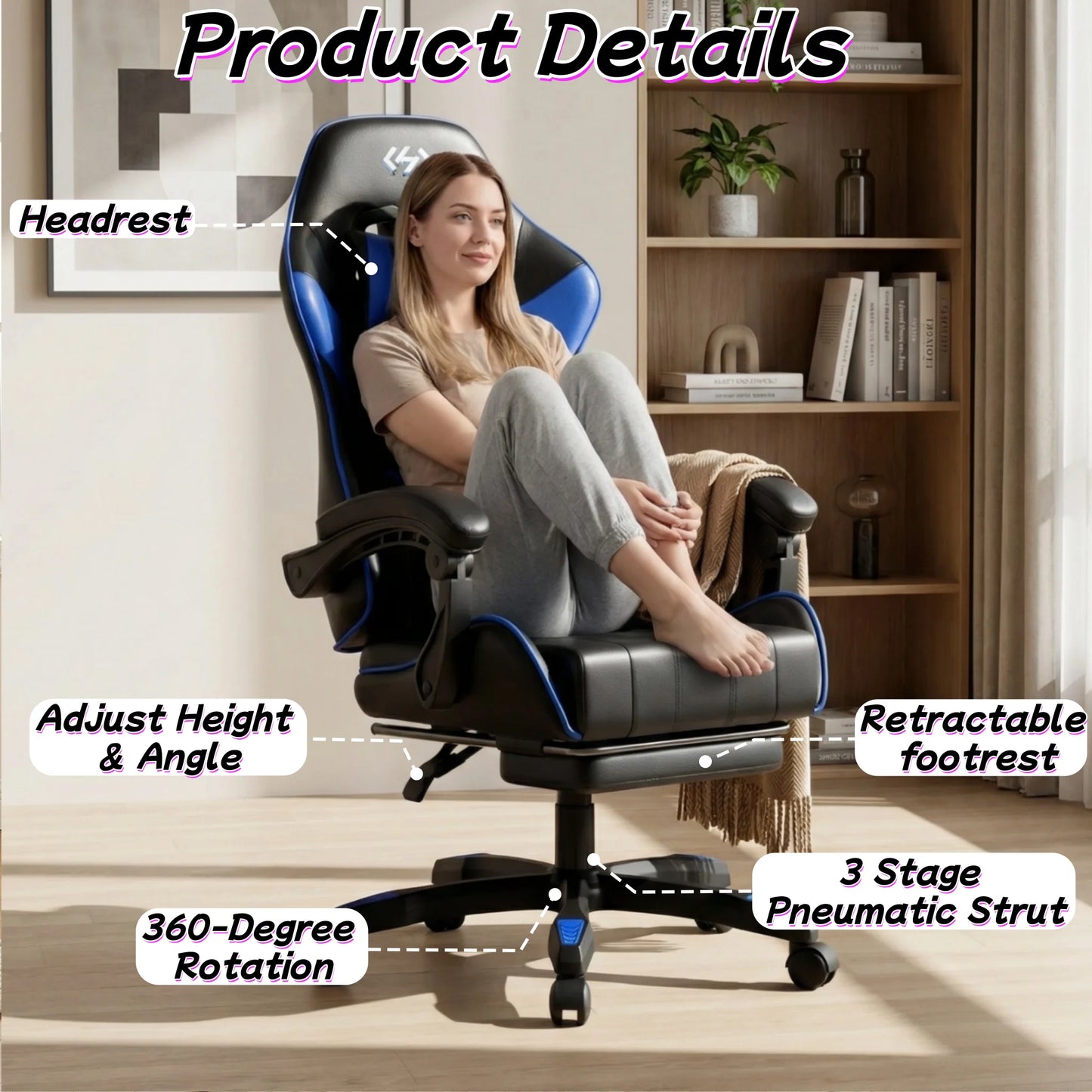 Silla gaming ergonómica, silla de oficina para ordenador con reposapiés y reposacabezas, silla de oficina para adultos con altura y respaldo ajustables