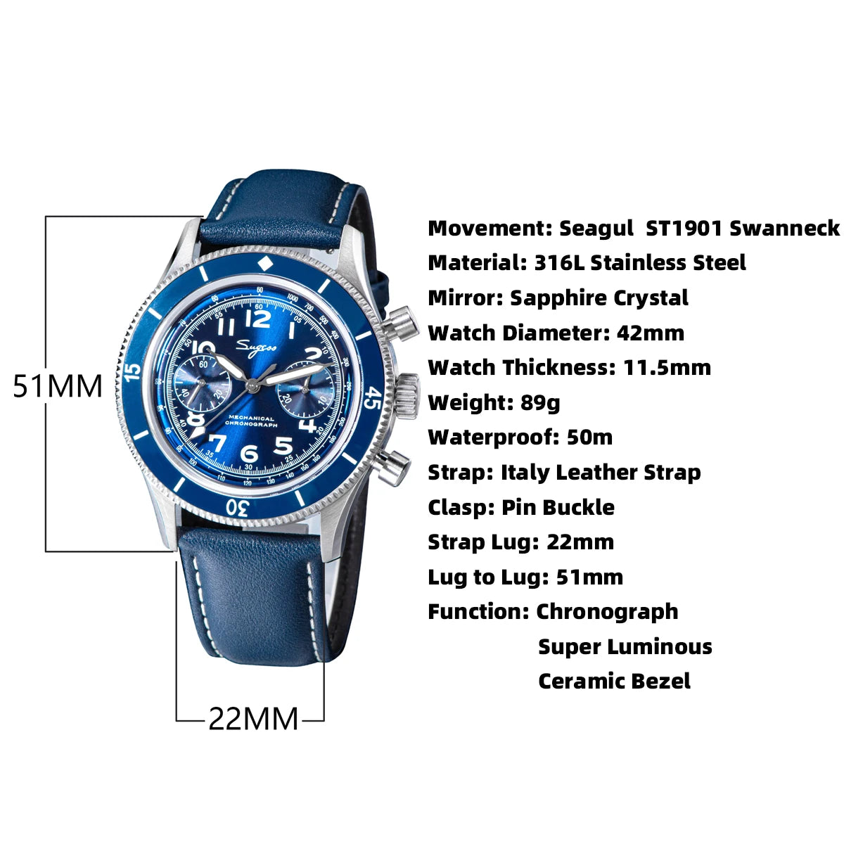 Sugess Pilot Watch Handwind Chronograph Mechanical Wristwatches Luminous Skeleton Men Watches Crystal Sapphire Leather New 2022
