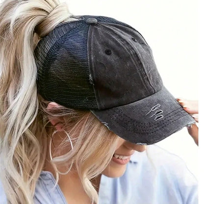 1pc Vintage Ponytail Mesh Baseball Cap,Adjustable Outdoor Sun Protection Washed Distress Trucker Hat,Suitable for Spring/Autumn