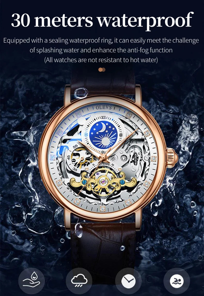 OLEVS Skeleton Watches Mechanical Automatic Watch Men Tourbillon Sport Clock Casual Business Moon Wrist Watch Relojes Hombre