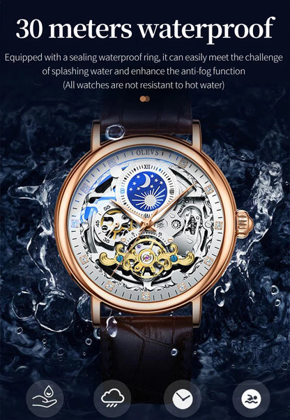 OLEVS Skeleton Watches Mechanical Automatic Watch Men Tourbillon Sport Clock Casual Business Moon Wrist Watch Relojes Hombre