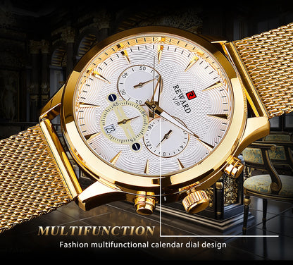 REWARD Business Watches Quartz Movement Fashion Men Gold Stainless Steel Watch Luxury Calendar Quartz Wrist Watch