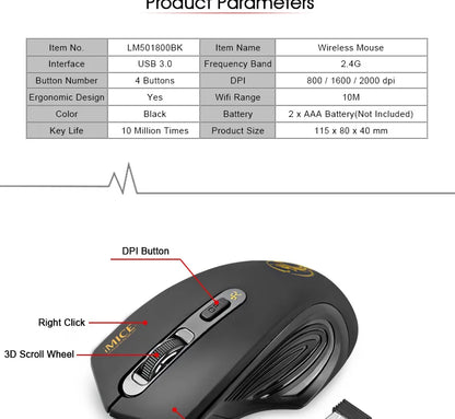 Novi bežični miš s podesivih 2000DPI, USB 3.0 prijamnikom, optički računalni miš 2.4GHz za gaming, ergonomskog dizajna za prijenosno računalo
