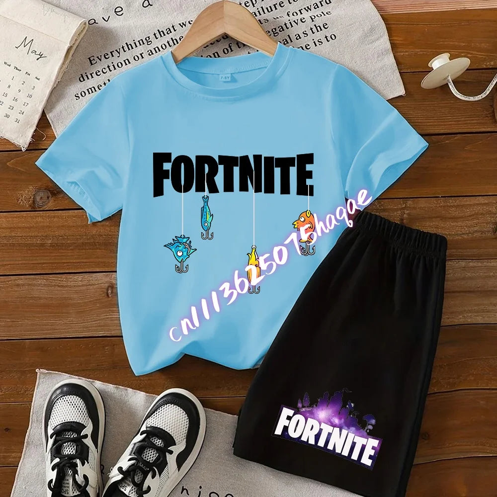 Summer FortnitesT-shirt Shorts for Boys Girl Tee Pants Set 2pcs Children Clothing Tops T-shirts Fortress Night Print Tees Gift