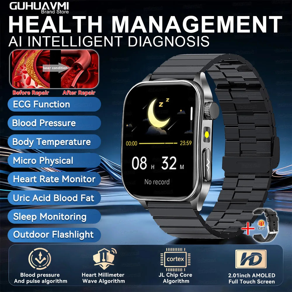 2026 New 650nm Laser Therapy Blood Fat Uric Acid Blood Pressure Smart Watch ECG+PPG Precise Health Monitor Smartwatches For Men