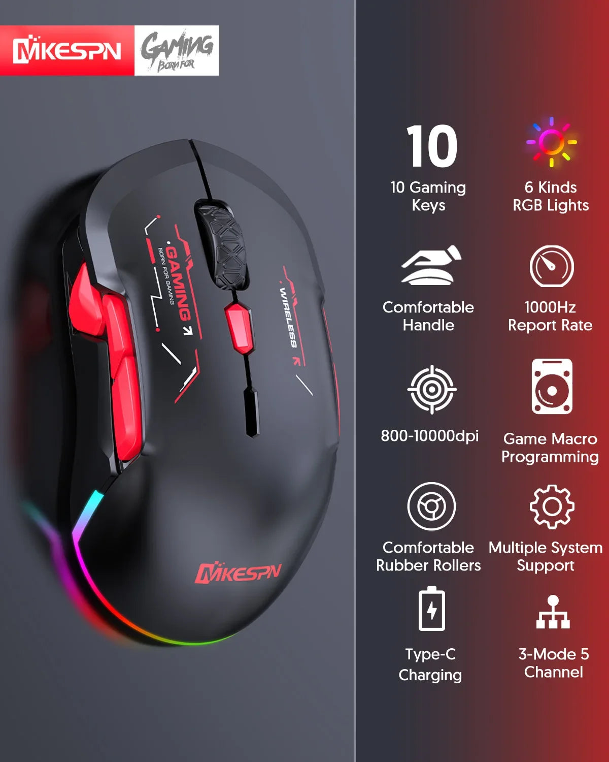 MKESPN W12 10-Tasten-Makro-Gaming-Maus, beidhändig, kabellos, Bluetooth, Mehrkanal, Tri-Mode, großes RGB, ergonomisch, beidhändig