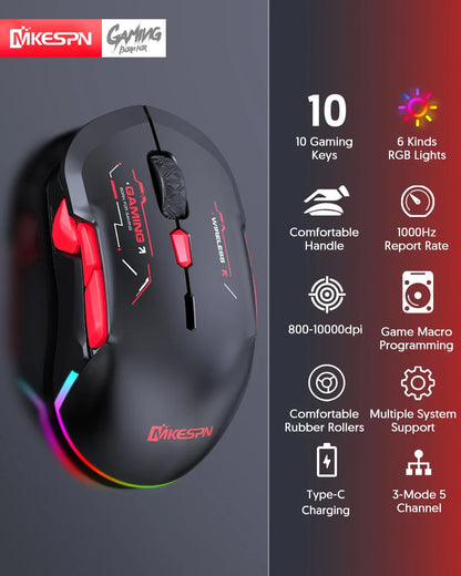 MKESPN W12 10-Tasten-Makro-Gaming-Maus, beidhändig, kabellos, Bluetooth, Mehrkanal, Tri-Mode, großes RGB, ergonomisch, beidhändig