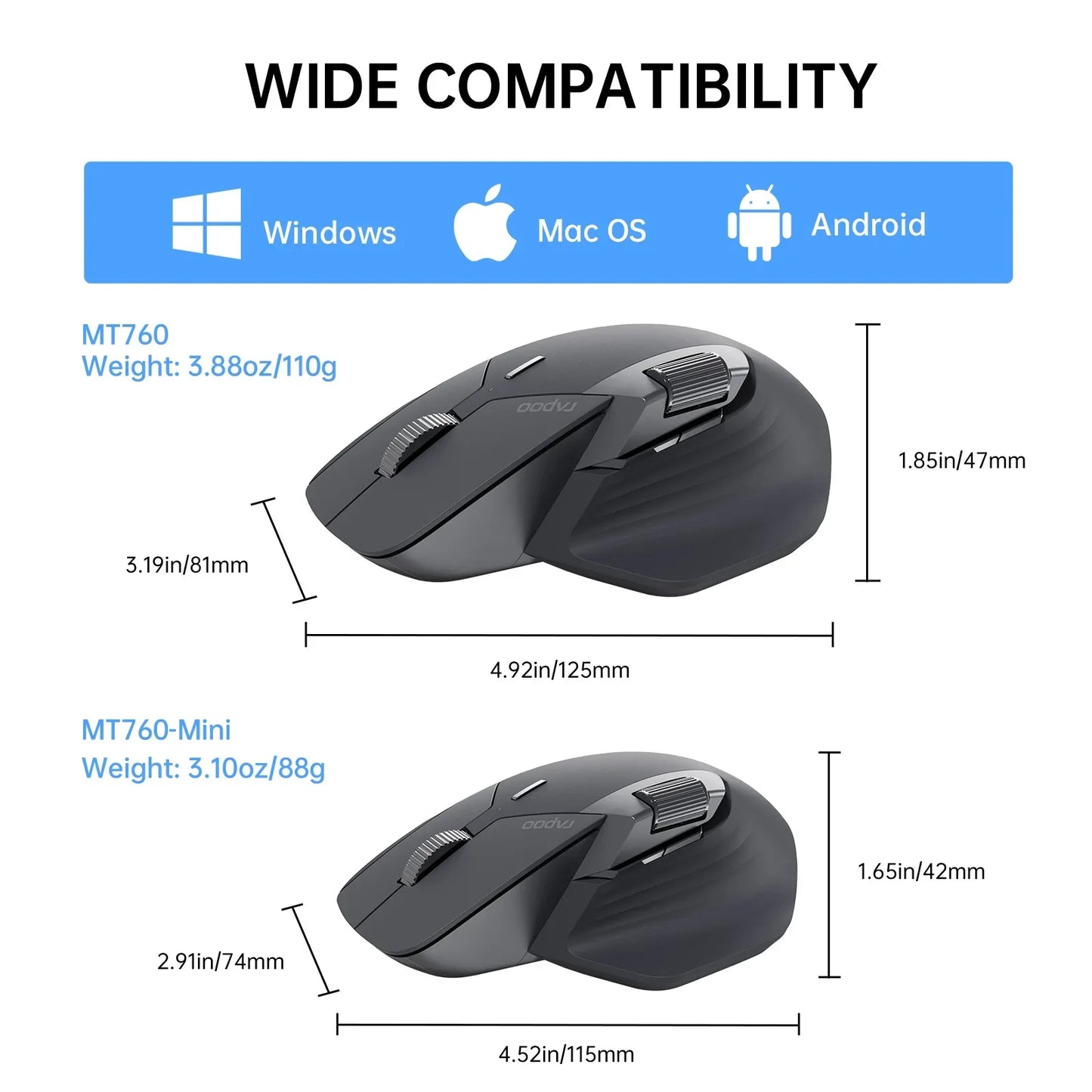 Rapoo MT760L/MT760M multimode genopladelig trådløs mus, ergonomisk, 4000 DPI, understøtter op til 4 enheder, Bluetooth-mus