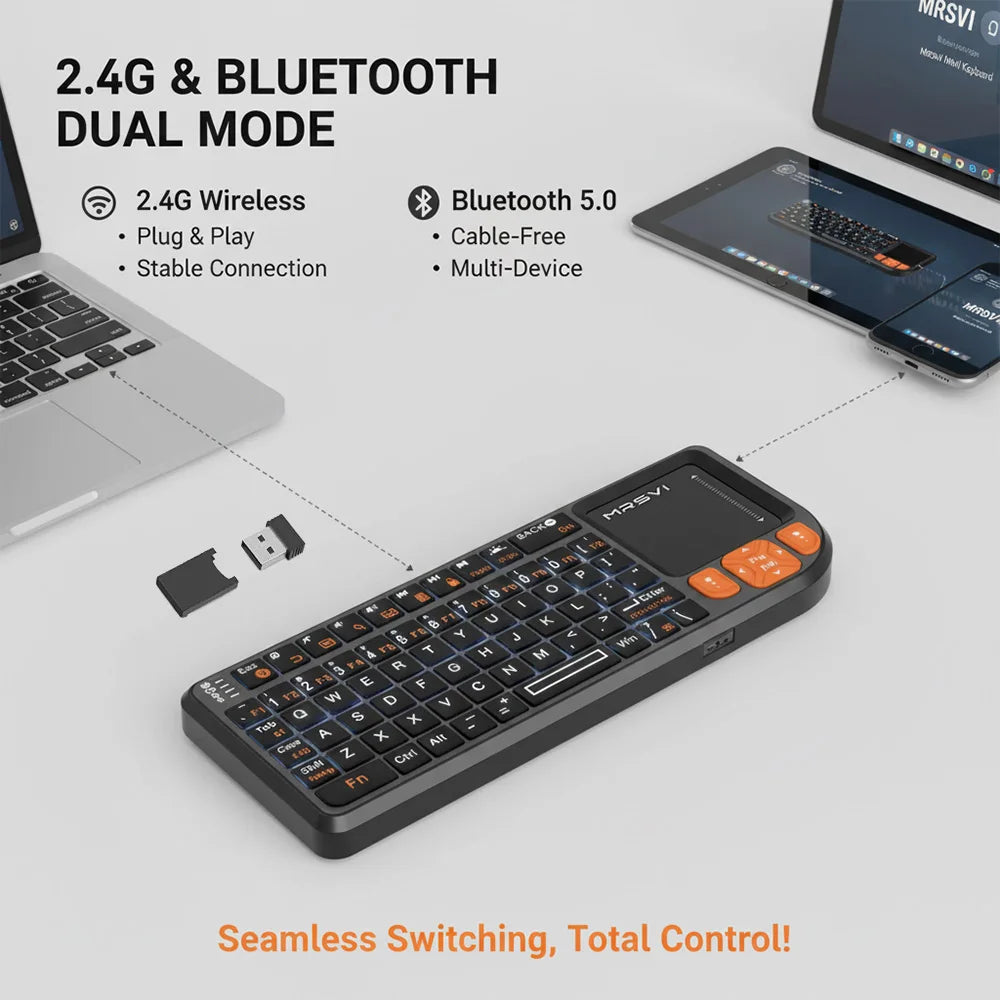 MRSVI Mini Keyboard A8 PLUS, tastiera wireless retroilluminata 2.4GHz e Bluetooth5.0 con touchpad per Android TV Box, Mac, laptop, Windows